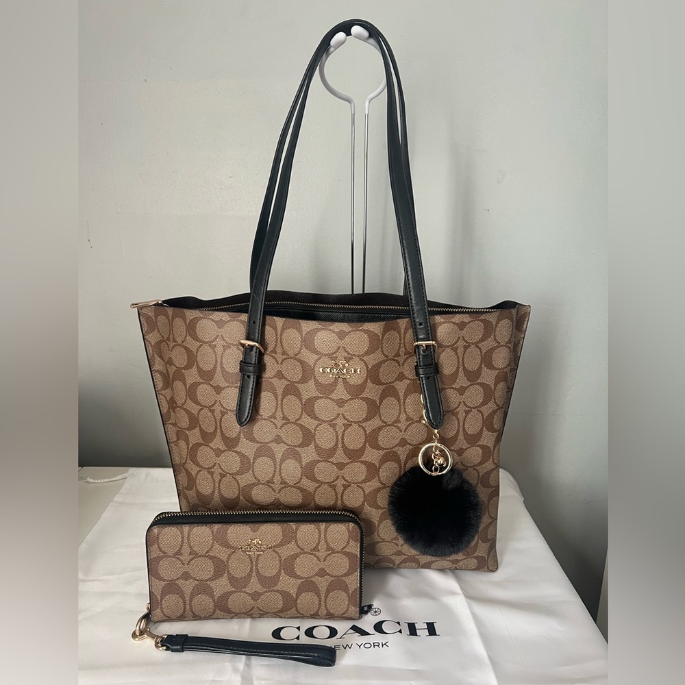 Coach Brown and Black Signature Tote with Wallet